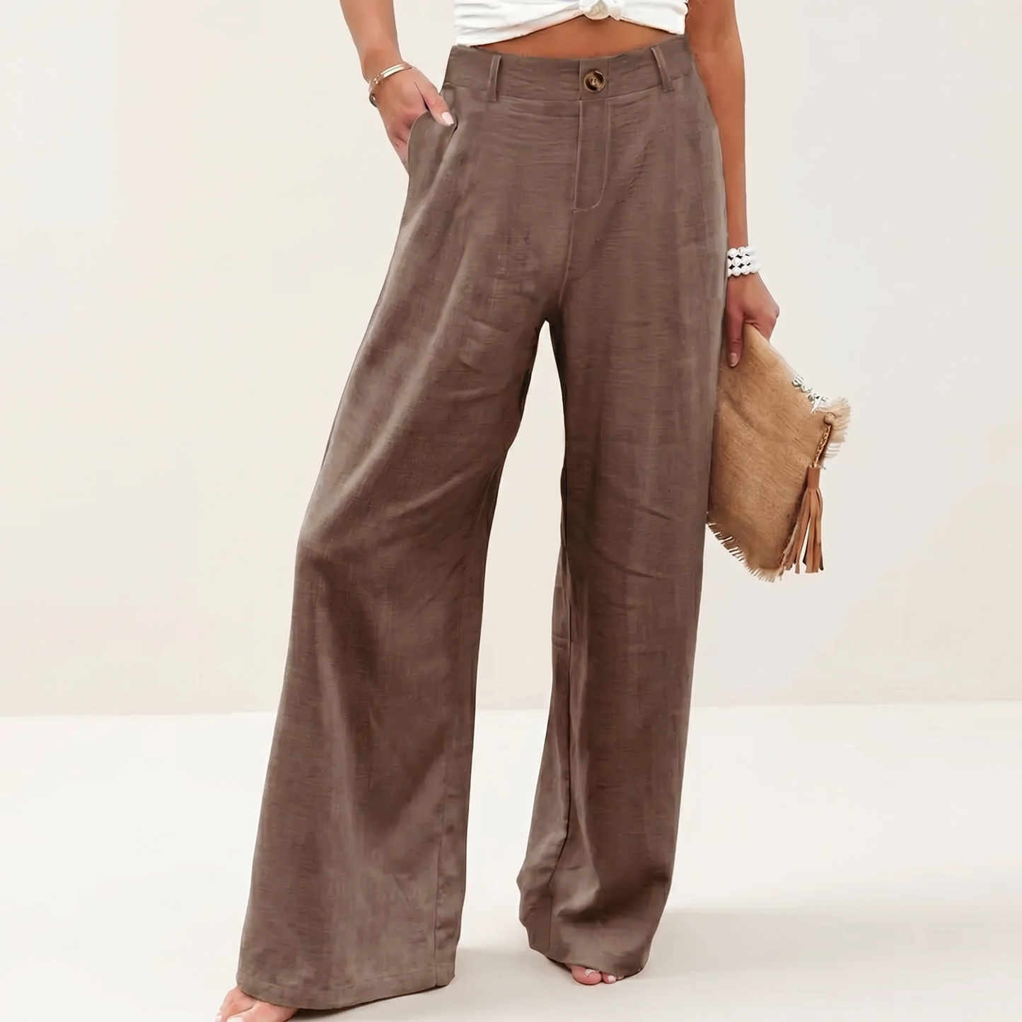 Novalia™ Cotton Linen Pants Casual Button Up High Waisted Wide Leg