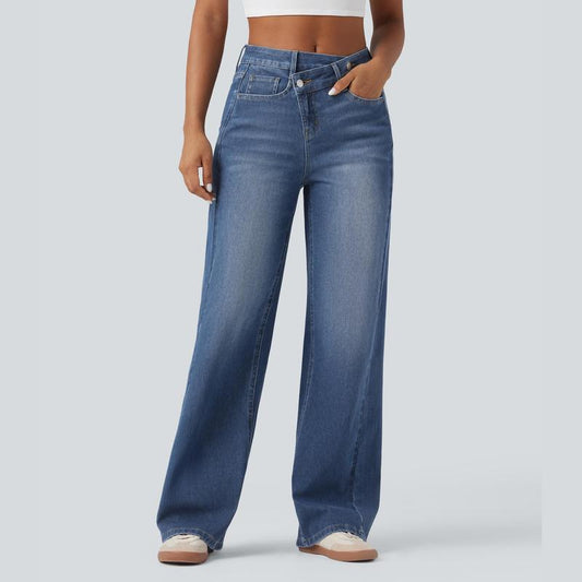 Novalia™ Asymmetric High Waisted Washed Casual Baggy Jeans with Pockets