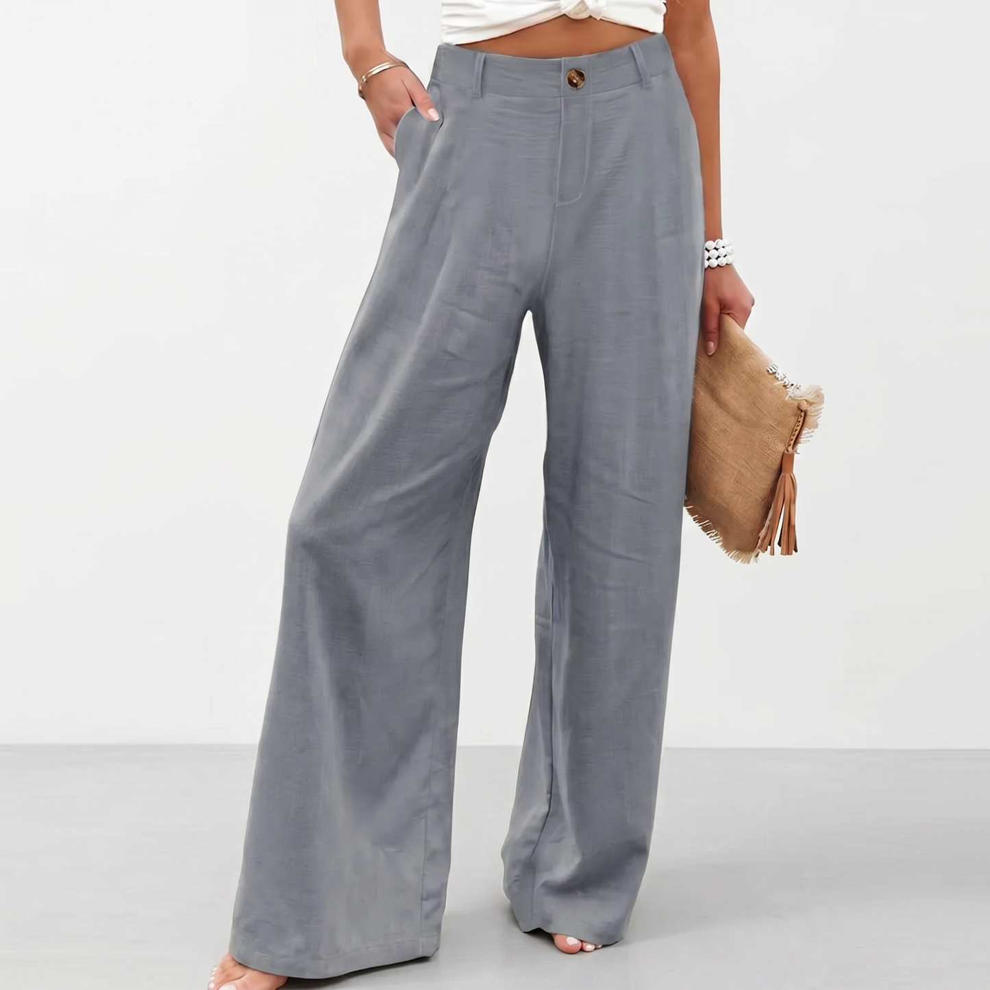 Novalia™ Cotton Linen Pants Casual Button Up High Waisted Wide Leg