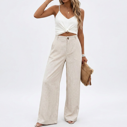 Novalia™ Cotton Linen Pants Casual Button Up High Waisted Wide Leg