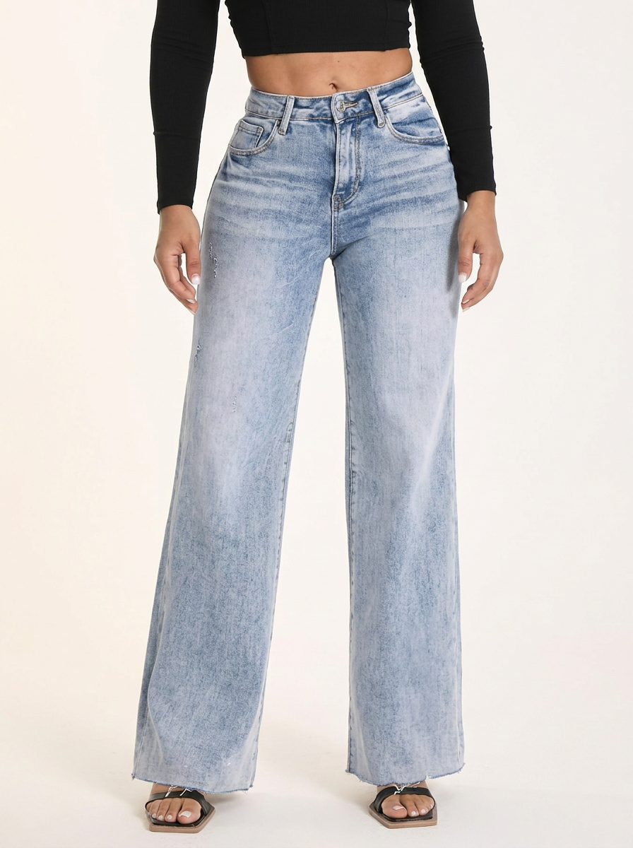 Novalia™ BBL Stretch Denim - High Rise Wide Leg Raw Hem Jeans
