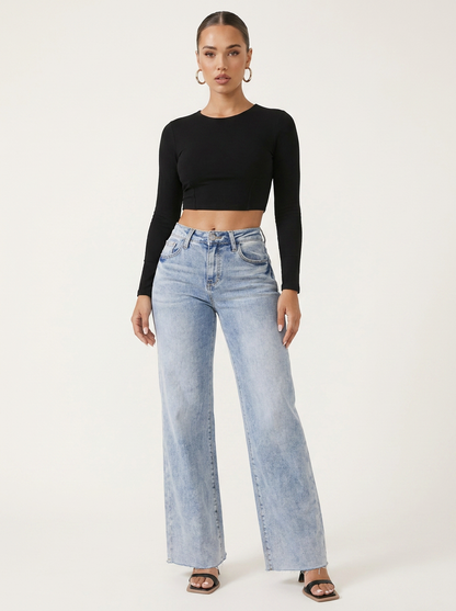 Novalia™ BBL Stretch Denim - High Rise Wide Leg Raw Hem Jeans