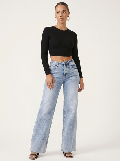Novalia™ BBL Stretch Denim - High Rise Wide Leg Raw Hem Jeans