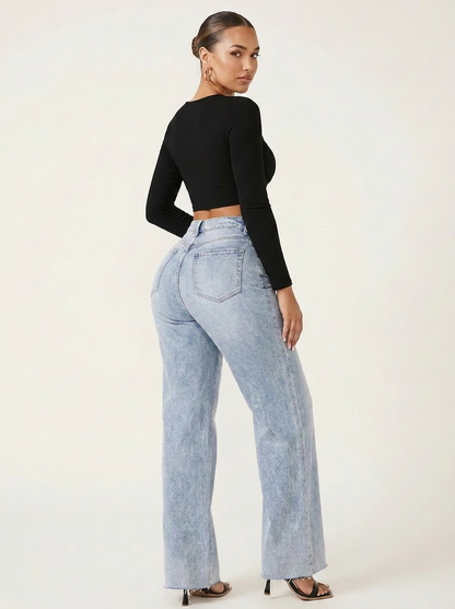 Novalia™ BBL Stretch Denim - High Rise Wide Leg Raw Hem Jeans